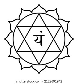 Anahata, Heart chakra, meaning unstruck, unhurt, unbeaten. Fourth chakra, located in the central channel of the spine near the heart. Lotus with 12 petals, hexagram, and seed syllable Yam, tattva air.