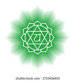 Anahata icon. The fourth heart chakra. Vector green gloss and shine. Line symbol. Sacral sign. Meditation