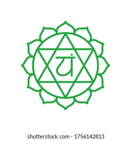 Icono de Anahata. La cuarta chakra cardíaca. Símbolo de línea verde vector. Señal sacra. Medición