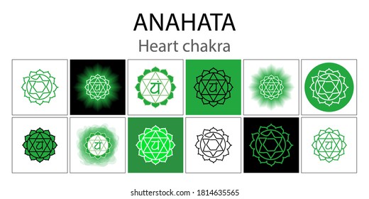 Anahata icon set. The fourth heart chakra. Vector green gloss and shine. One line symbol. Outline sacral sign collection. Meditation