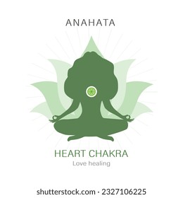 Anahata location. Fourth, heart chakra symbol. Female silhouette meditating in lotus position. Work with subconscious. Indian culture. Flat vector illustration.