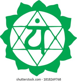 Anahatha chakra colored vector symbol. Chakra green, banner, poster. Yoga mantra, energy concept. Hand drawn fourth chakra. All elements is isolation