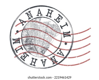 Anaheim, CA, USA Stamp Map Postal. Silhouette Seal Roads and Streets. Passport Round Design. Vector Icon. Design Retro Travel National Symbol.