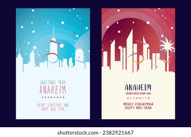 Anaheim city poster with Christmas skyline, cityscape, landmarks. Winter USA holiday, New Year vertical vector layout for California brochure, website, flyer, leaflet, card