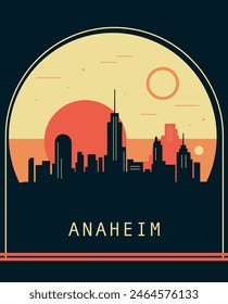 Anaheim city retro style poster with skyline, cityscape. USA California state vintage vector illustration. US front cover, brochure, flyer, leaflet template, layout image