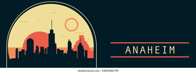 Anuncio de Vector de estilo retro de la ciudad de Anaheim con perfil, paisaje urbano. Ilustración Horizontal vintage del estado de California. Diseño de viajes de los Estados Unidos de América para presentación de Web, encabezado, pie de página