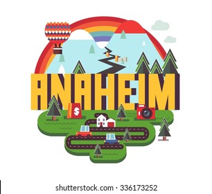 Anaheim city travel destination in USA. vector cartoon,