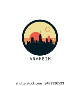 Anaheim skyline, downtown panorama logo, logotype. USA, California state round badge contour, isolated vector vintage pictogram with monuments, landmarks