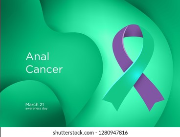Anal Cancer awareness day in March 21. Purple and Green color ribbon Cancer Awareness Products. Vector illustration.