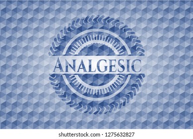 Analgesic blue emblem with geometric pattern background.
