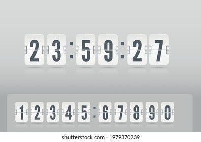 Analog airport board countdown timer with hour and minute flip number. Vintage flip clock time counter vector template. White scoreboard number font with reflections floating on light background. - Powered by Shutterstock - Get 15% off with code: PIKWIZARD15