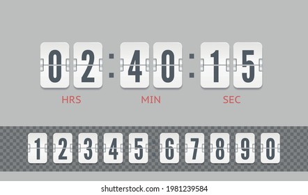 Analog airport board countdown timer with hour and minute flip number. White scoreboard number font with shadows isolated on light background. Vintage flip clock time counter vector template.