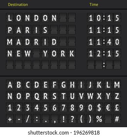 Analog airport board font on dark background. Mechanical flip airport scoreboard. Black airport and railway timetable departure or arrival. Destination airline board abc. Vector airport board isolated