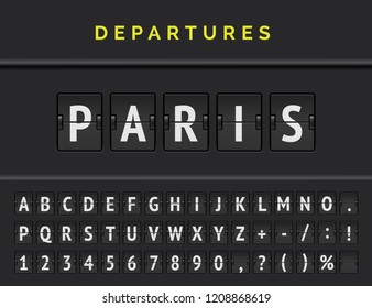 Analog airport flip board displays flight info of departure destination in Europe: Paris with aircraft sign icon and full font. Vector illustration