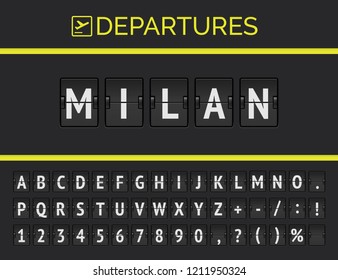 Analog airport flip board displays flight information of destination in Europe: Milan with aircraft sign icon and full timetable font . Vector illustration