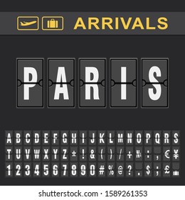 Analog airport flip board displays flight info of arrivals destination in Paris