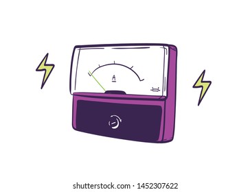 Analog ammeter hand drawn on white background. Instrument used for measuring electric current. Equipment of physics laboratory for scientific research. Realistic colorful vector illustration.
