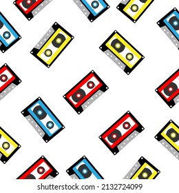 An analog audio cassette on a white background. Seamless vector illustration.