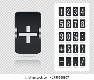 Analog black countdown timer number font. Vector illustration template. Floating flip number and symbol scoreboard with reflections on transparent background.