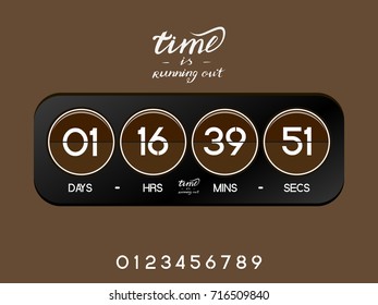 Analog black countdown timer for the website. Circle section. Days, hours, minutes, seconds. Brown background. Vector drawing