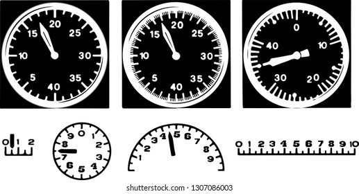analog black-and-white instruments or speedometers with arrows for measuring speed or other quantities