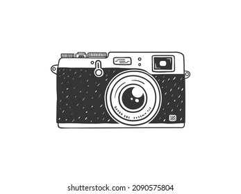 Analog camera. Retro hand-drawn camera. Illustration in sketch style. Vector image