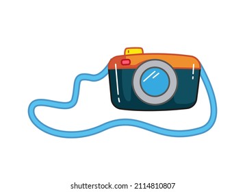 Analog Camera in retro style with strap. Vector illustration in cartoon childish style. Isolated funny clipart on white background. cute print