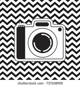 analog camera sticker on pop art zig zag linear monochrome background vector illustration