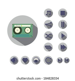 Analog cassette vector illustration and media control flat icon set for brochure, application design button elements or magazine illustration in subject of audio - music & entertainment