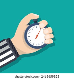 Analog chronometer timer counter in hand of referee, stopwatch. Vector illustration in flat style