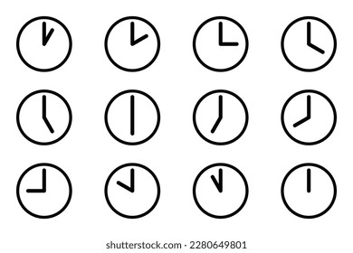 Juego de iconos de reloj de círculo analógico, cada hora de estilo plano simple color de la cara de reloj de línea negro. Una a doce horas muestra la ilustración vectorial aislada en el fondo blanco.