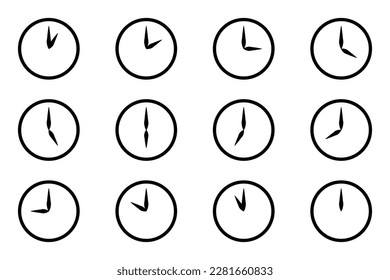 Analog circle clock icon set, every time hour flat style simple black color line watch face. One to twelve hours timepiece display vector illustration isolated on white background.