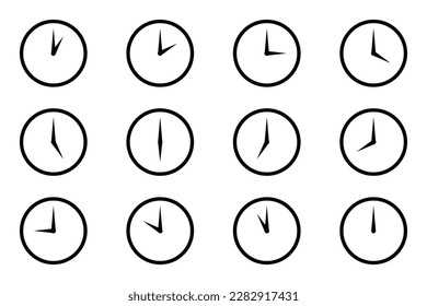 Analog circle clock icon set, every time hour flat style simple black color line watch face. One to twelve hours timepiece display vector illustration isolated on white background.