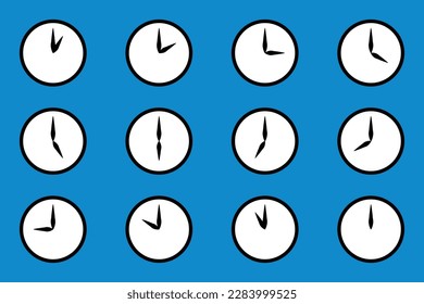 Analog circle clock icon set, every time hour flat style simple black color line with white fill watch face. One to twelve hours timepiece display vector illustration isolated on blue background.