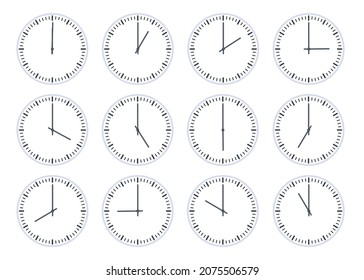 Analog circle clock show time every hour icon. Flat watch face with 12 oclock, timer animation. Wall clocks one to twelve hours vector set. Timezone international timepiece display