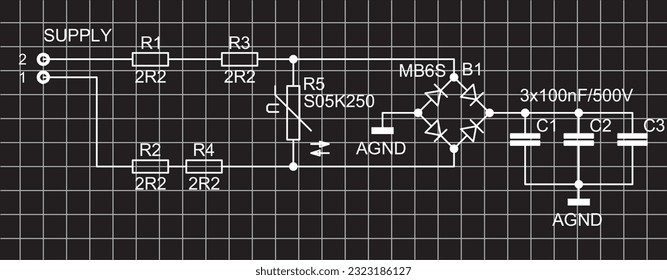 An analog circuit with
electronic components (capacitor, resistor,
diode bridge) connected by conductors. Vector diagram of an electrical
schematic of an electronic device on a grid background.