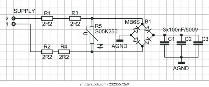 An analog circuit with
electronic components (capacitor, resistor,
diode bridge) connected by conductors. Vector diagram of an electrical
schematic of an electronic device on a grid background.