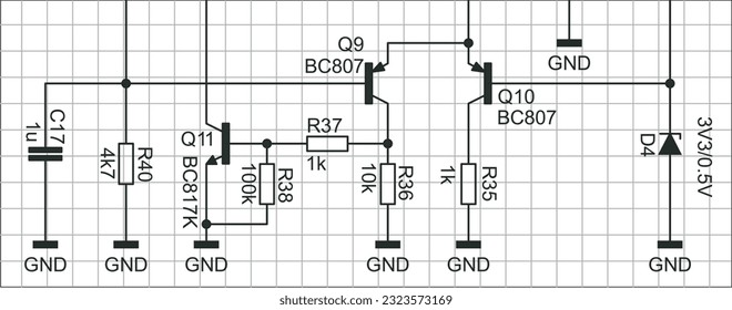 An analog circuit with
electronic components (capacitor, resistor,
diode, transistor) connected by conductors. Vector diagram of an electrical
schematic of an electronic device on a grid background.