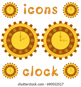 Analog clock with arrows isolated on white. Vector illustration of a steampunk style. The watch dial is in the form of a gear.