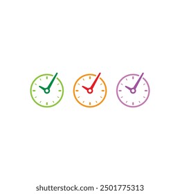 Analog clock and check mark in three colors. Colorful clocks with check marks. Analog clock and check mark