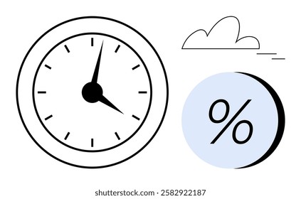 Analog clock face with black hands and ticks, blue circle with a black percentage sign, outlined cloud. Ideal for time management, business analytics, financial reports, weather forecasts