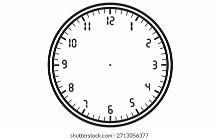 Analoge Uhr mit Ziffernzeichen 1-12, Minuten-Ticks.Kreis-Rahmen, leer und Umriss.für Zeit-Symbole, Design, Zeitplan Grafiken, und Bildungs-Visuals. Vektorgrafik einzeln auf Weiß. 