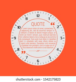 Analog clock face as a qoutation frame. Neon orange background. Vector illustration. Lorem ipsum as a placeholder dummy text.