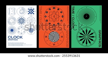 Analog clock face watch dial with time numbers poster graphic design template set circles mechanical wristwatch elements vector isolated stopwatch clock icon symbol collection unique style shape line