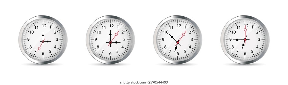 Analog clock faces showing different times Vector Realistic Set