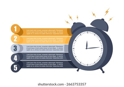 Relógio analógico com cinco recursos ou opção de projeto a selecionar. Ilustração infográfica mínima para visualização de informações de negócios.