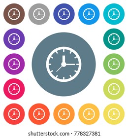 Analog clock flat white icons on round color backgrounds. 17 background color variations are included.