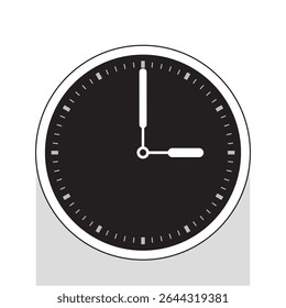 Analog Clock Icon in Black Background the hands Show 3 o'clock, vector illustration isolated on white background, eps