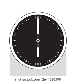 Analog Clock Icon in Black Background the hands Show 6 o'clock, vector illustration isolated on white background, eps
