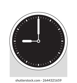 Analog Clock Icon in Black Background the hands Show 9 o'clock, vector illustration isolated on white background, eps